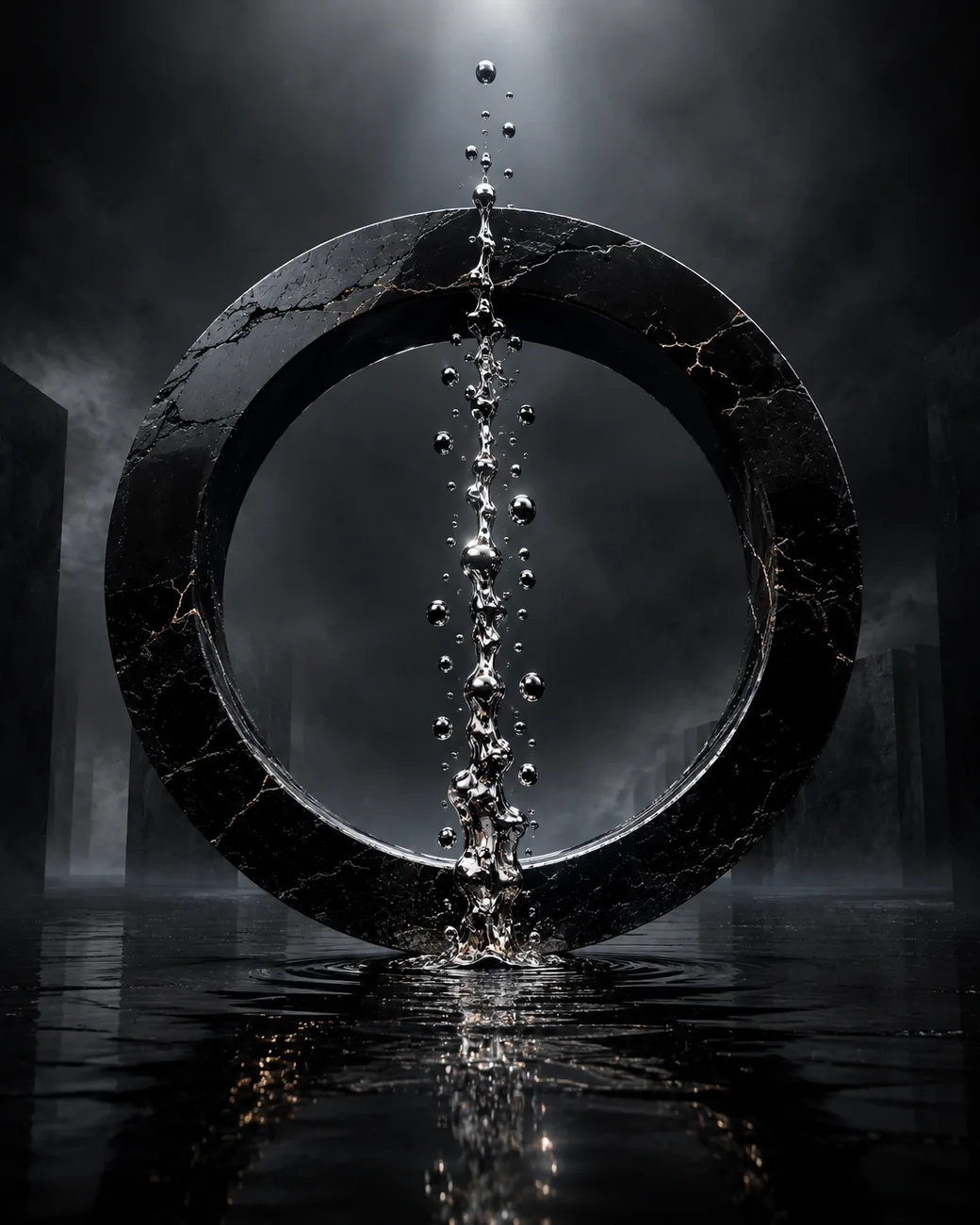 Digital conceptual art, stone ring over reflective water, minimalist portal