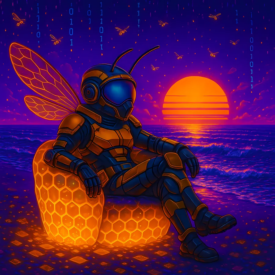 Digital conceptual art, bee warrior at sunset