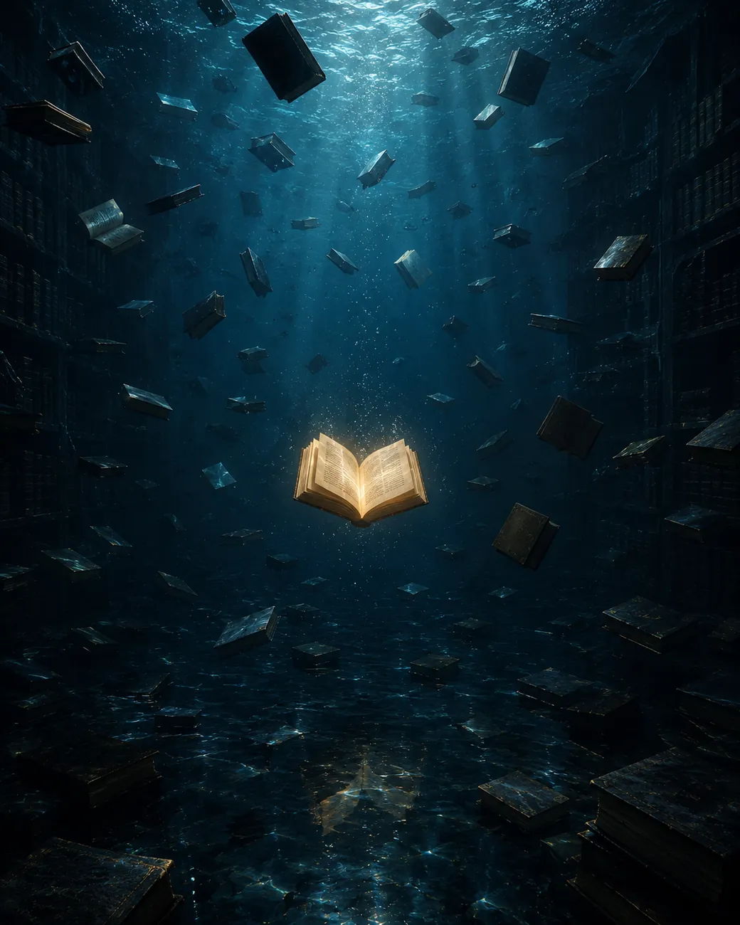 Digital conceptual art, books floating underwater with a glowing open book