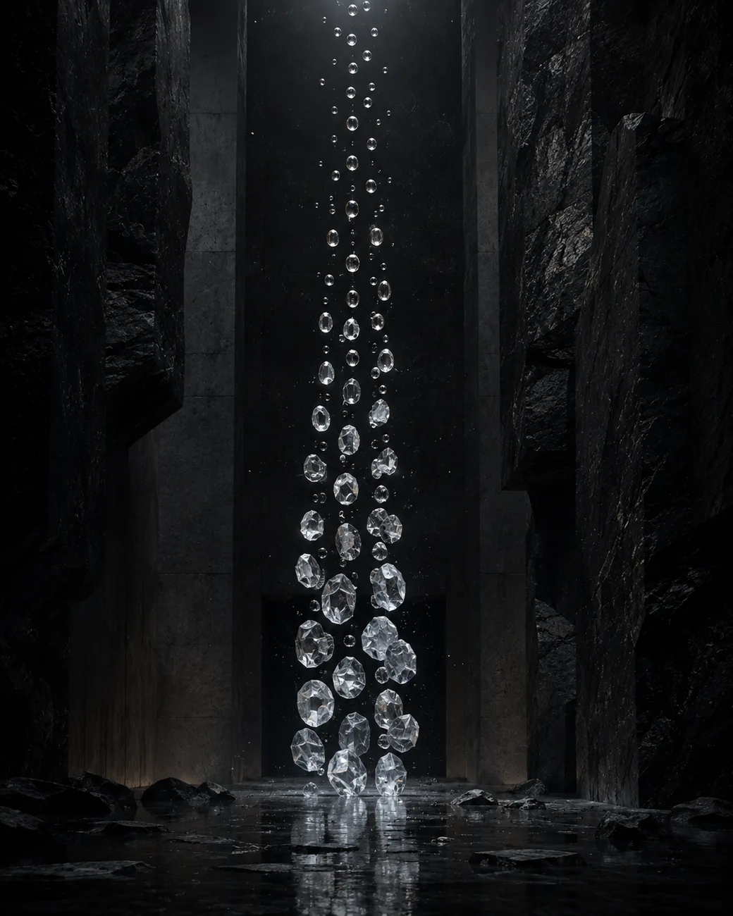Digital conceptual art, cascade of luminous crystals between dark walls