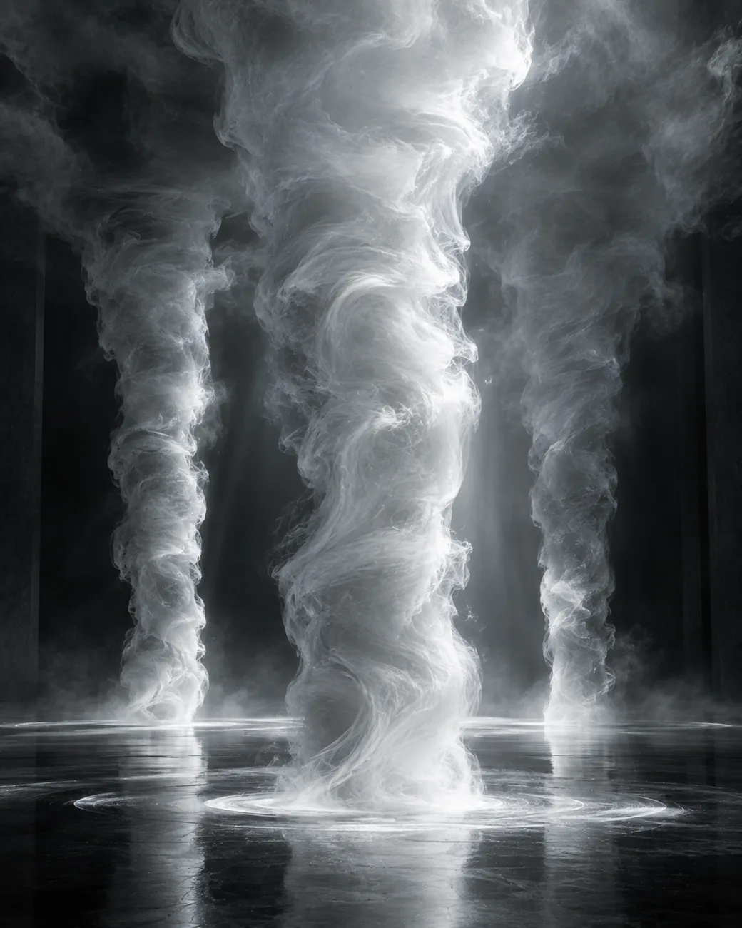 Digital conceptual art, two columns of smoke rising in dim light