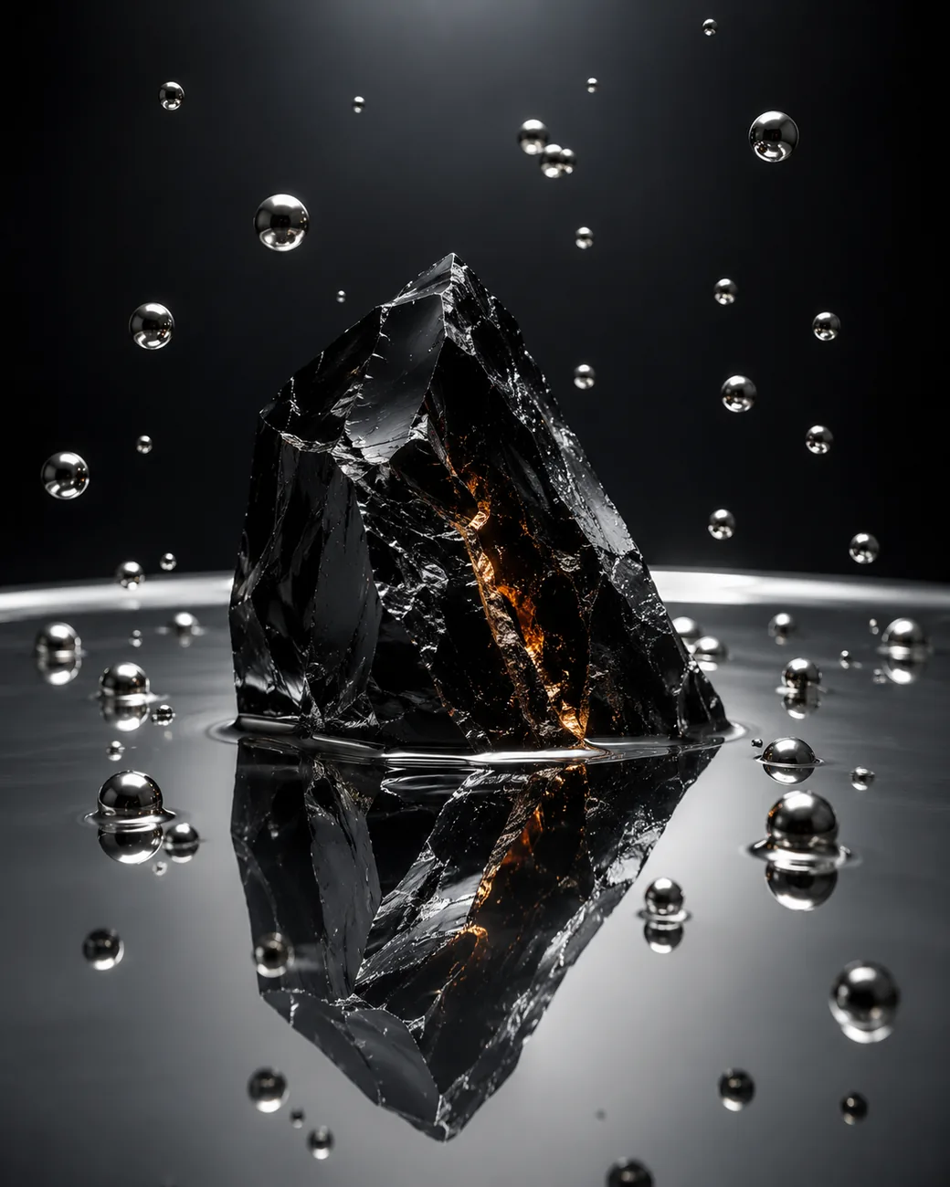 Digital conceptual art, black crystal with amber veins and suspended water droplets