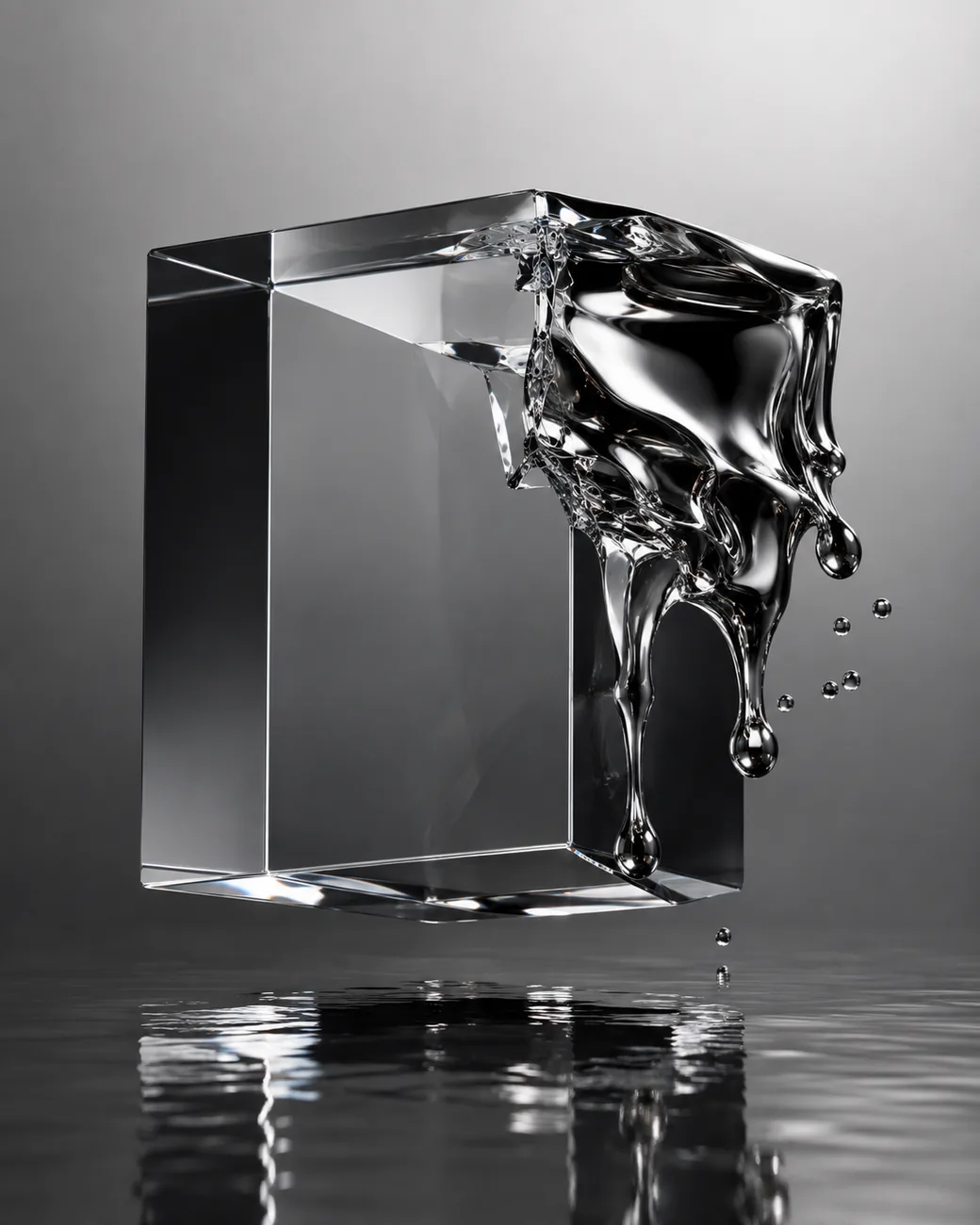 Digital conceptual art, glass cube melting into liquid metal on a reflective surface