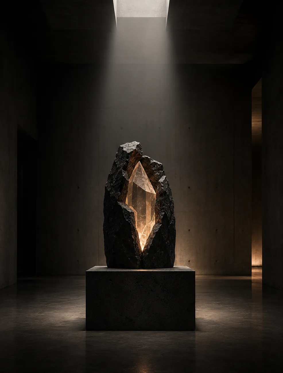 Conceptual art, rock sculpture with a glowing amber crystal in a minimalist gallery