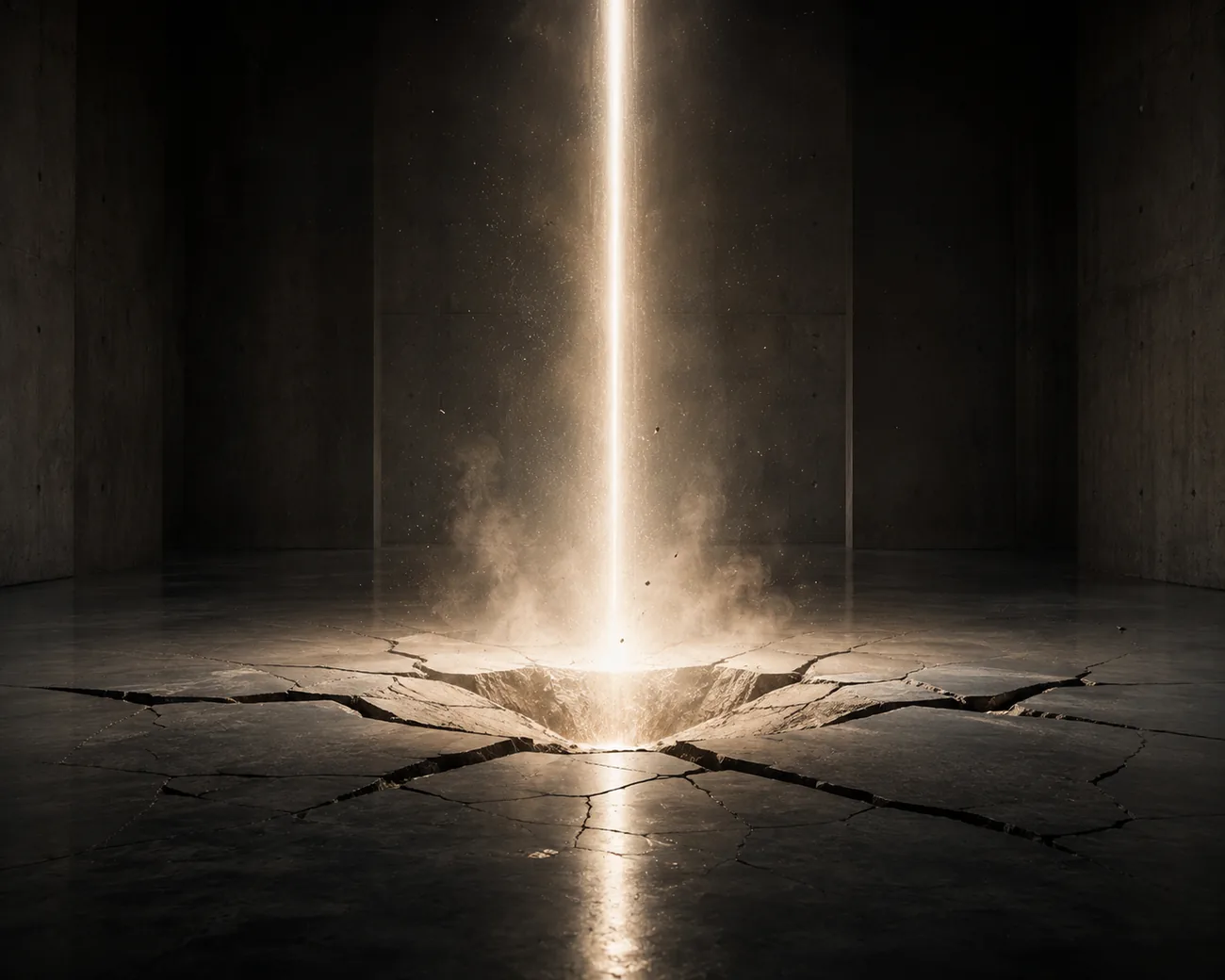 Digital conceptual art, beam of light rising from a crack in the floor of a dark room