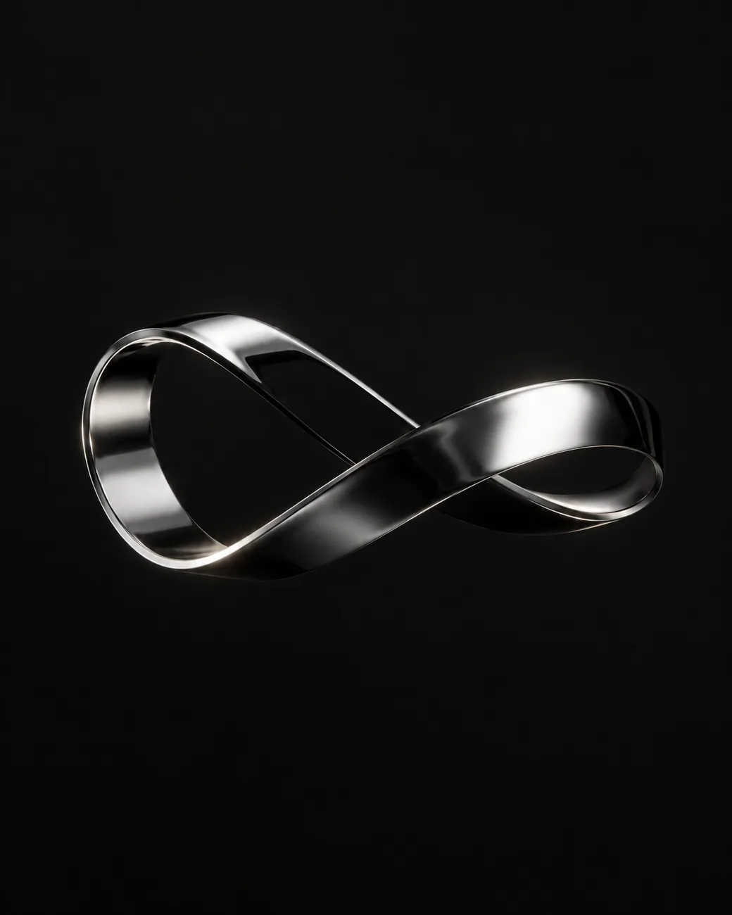 Digital conceptual art, polished chrome infinity loop on a black background