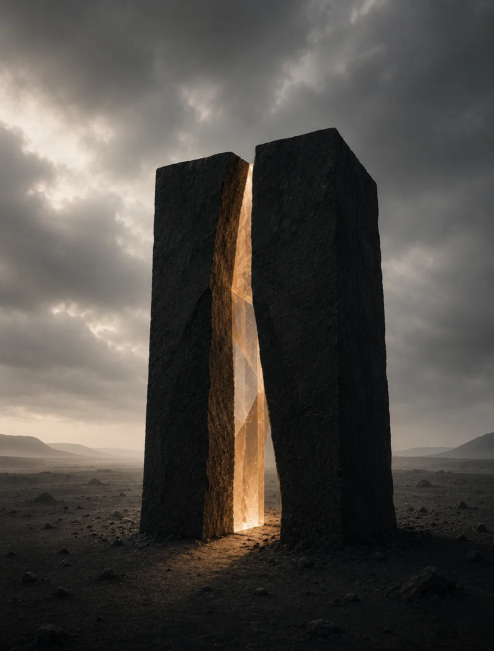 Digital conceptual art, two stone monoliths with a golden light fissure in an arid landscape