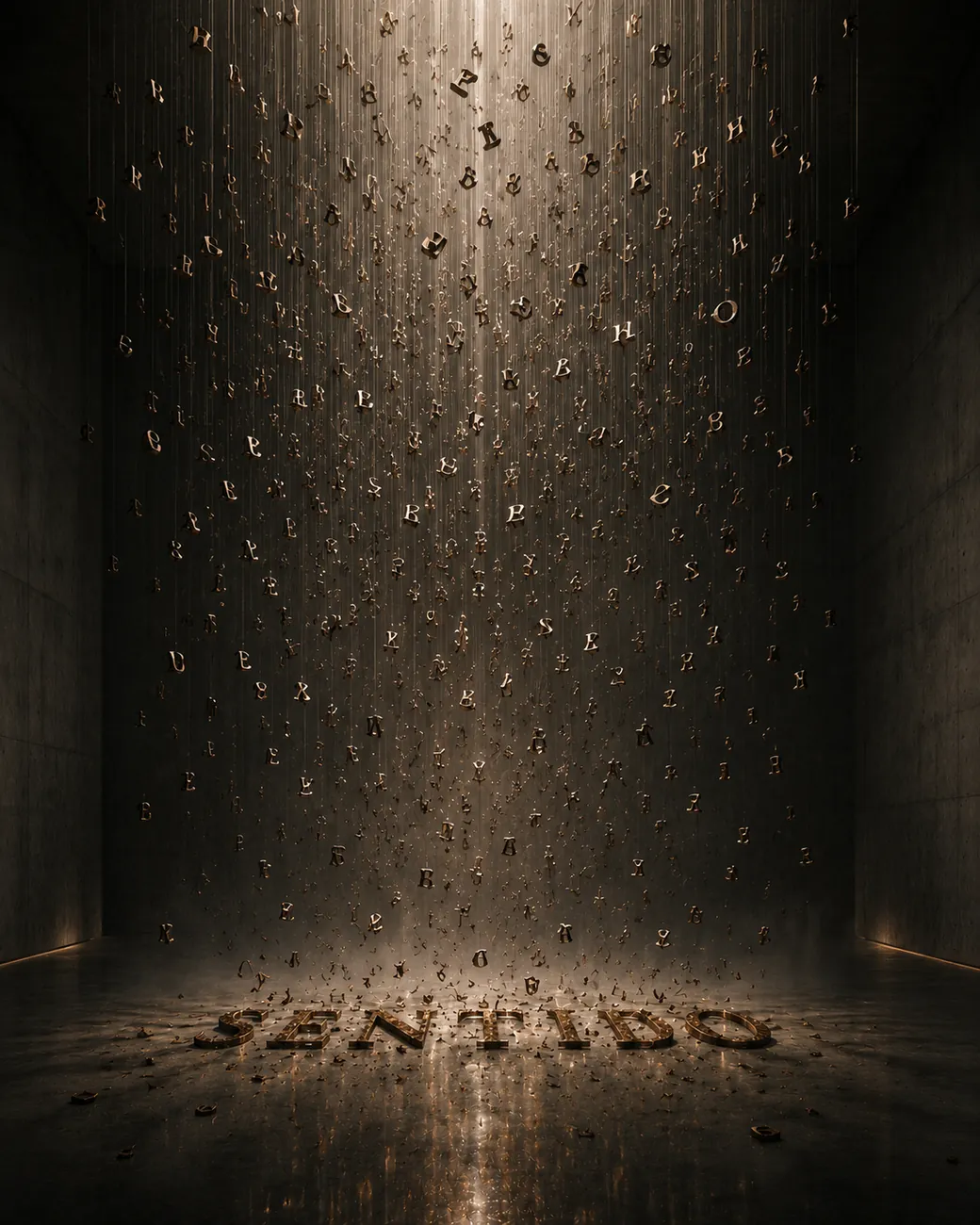 Conceptual art, suspended letters installation spelling Sentido