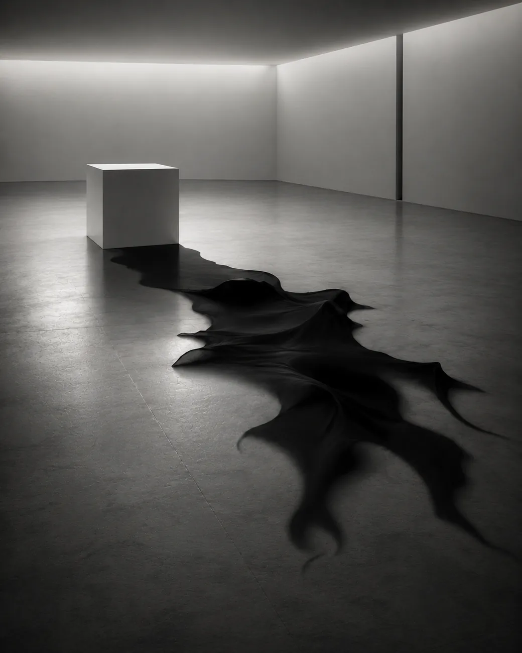 Conceptual art, minimalist white room with a black liquid shadow on the floor