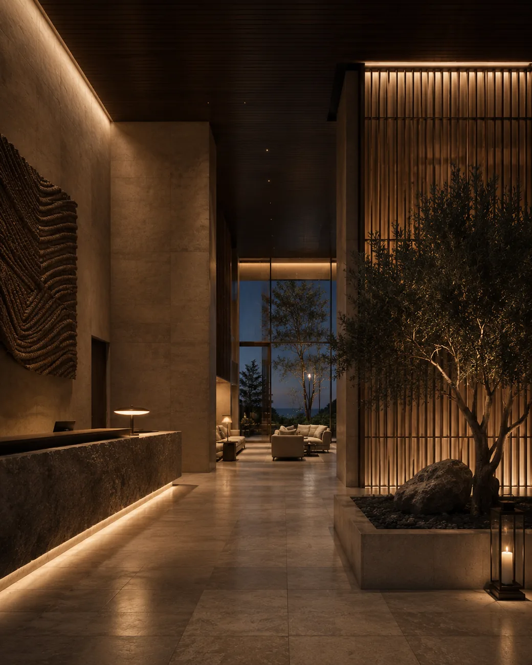 Hotel lobby with sea view, AI-generated interior