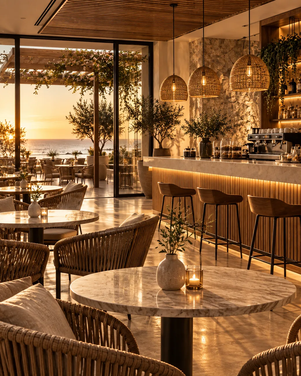 Seaside restaurant interior at sunset, AI-generated photography