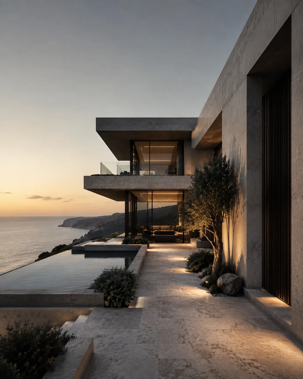 Modern villa with infinity pool at sunset, AI-generated architecture