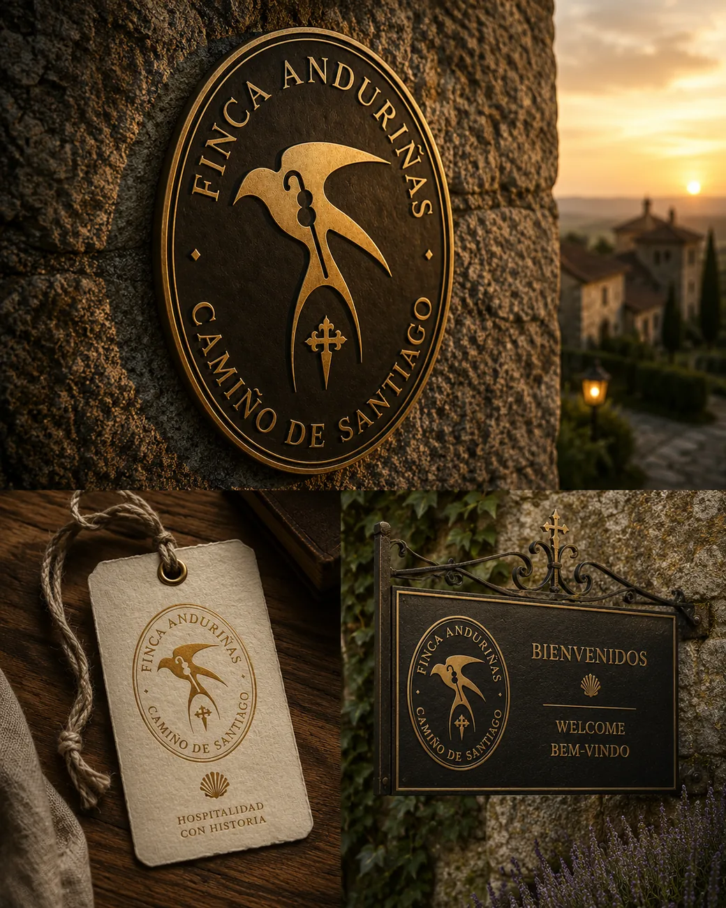 Finca Anduriñas logo mockup on plaque, tag and welcome sign