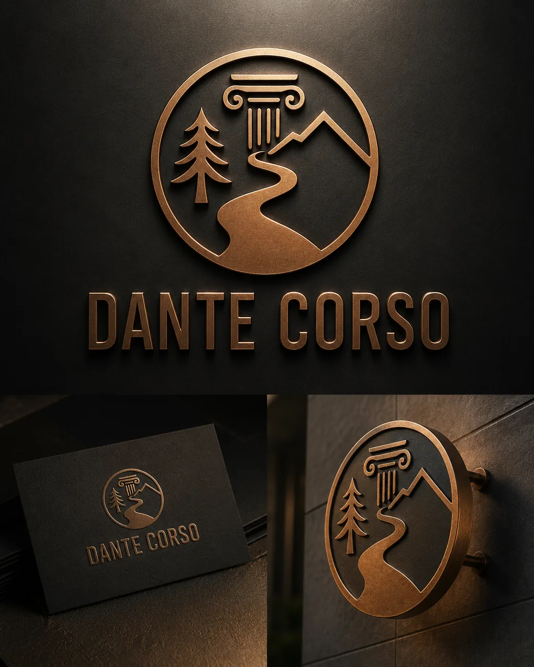 Dante Corso logo mockup on card and wall sign, copper