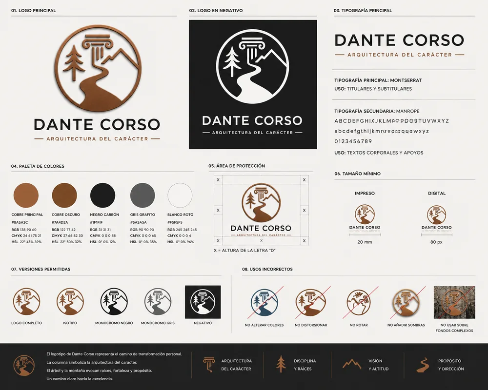 Visual identity manual, Dante Corso — logo, palette and typography