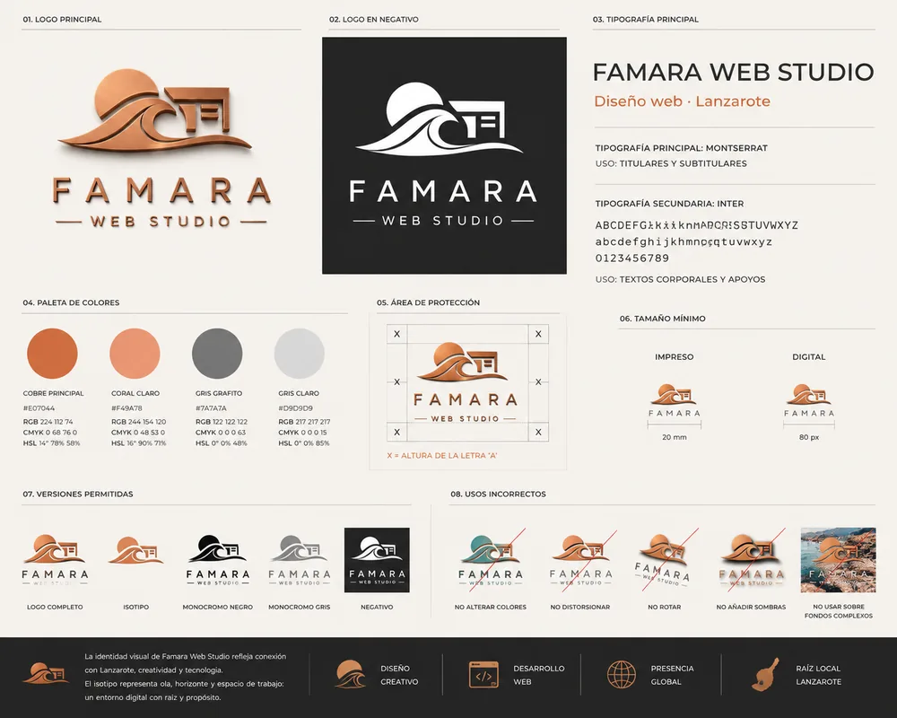 Visual identity manual, Famara Web Studio — logo, palette and typography