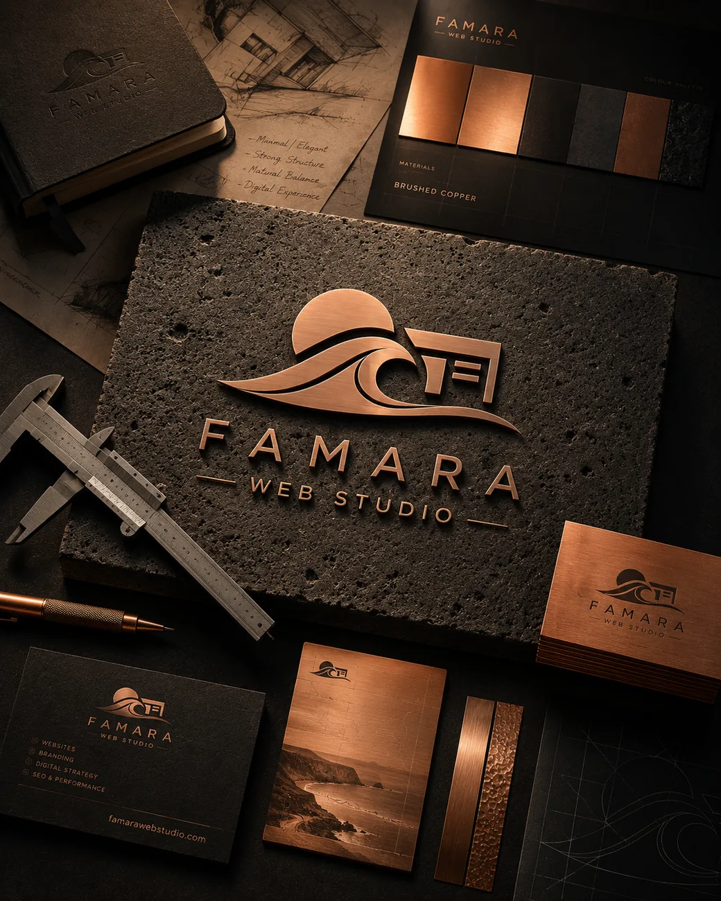 Famara Web Studio logo and stationery mockup, brushed copper