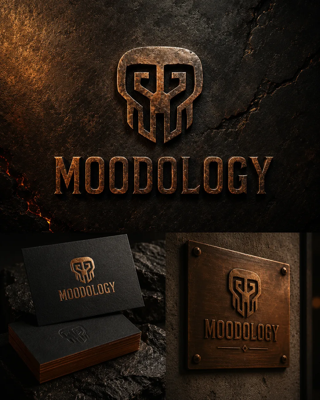Moodology logo mockup on stone, cards and copper plaque