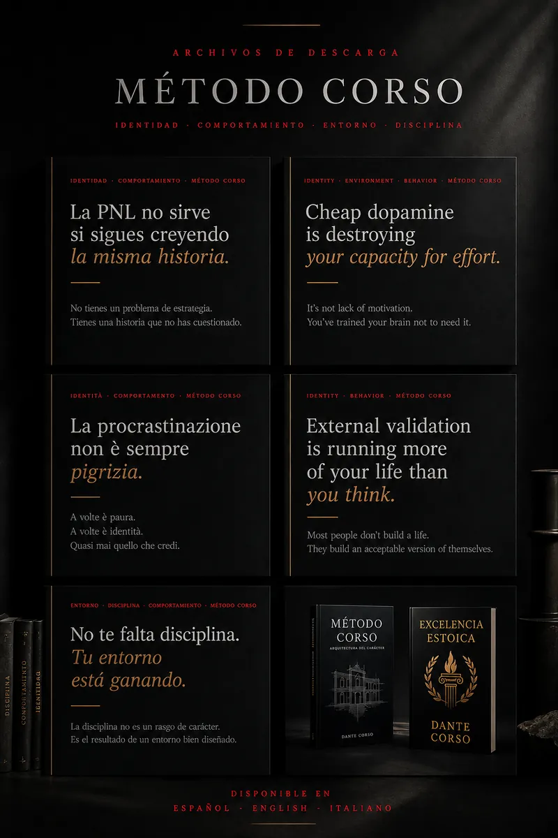 Mockup of a content carousel in Spanish, English and Italian, Método Corso