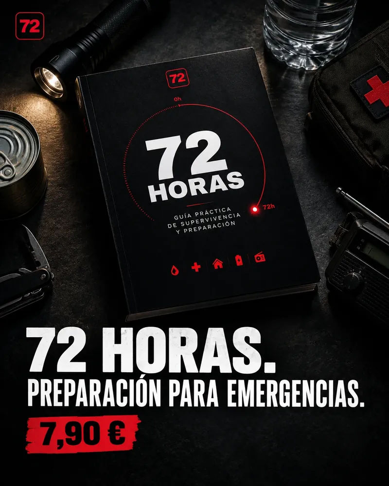 Anuncio para redes del manual 72 Horas, libro con linterna, botiquín y radio, precio 7,90 €